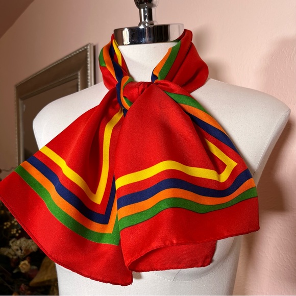 Vintage 70 80 Red MOD Rainbow Preppy Stripe Rectangle Bow Neck Scarf - Picture 9 of 17